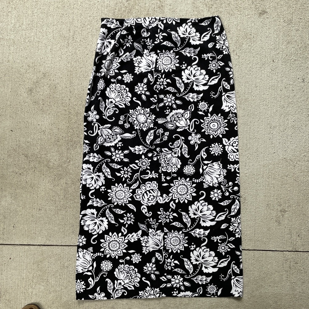 Talbots Women's Vintage Floral Maxi Skirt Size 10 Black White 100% Cotton Long